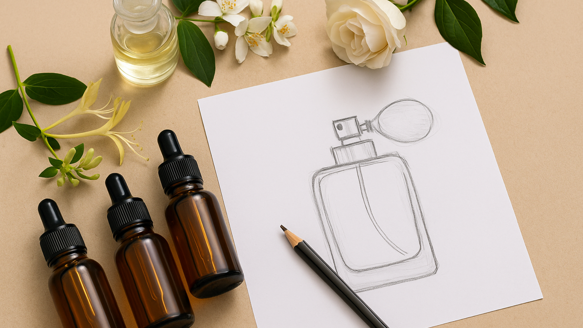 Éléments de création d'un parfum : flacons, pipettes, fleurs et esquisse de bouteille sur une table beige