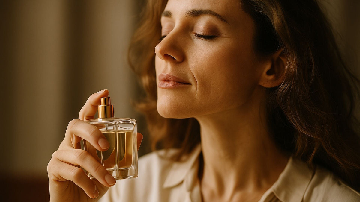 Femme aux yeux fermés inspirant un parfum, évoquant un souvenir, flacon en main et lumière douce en fond