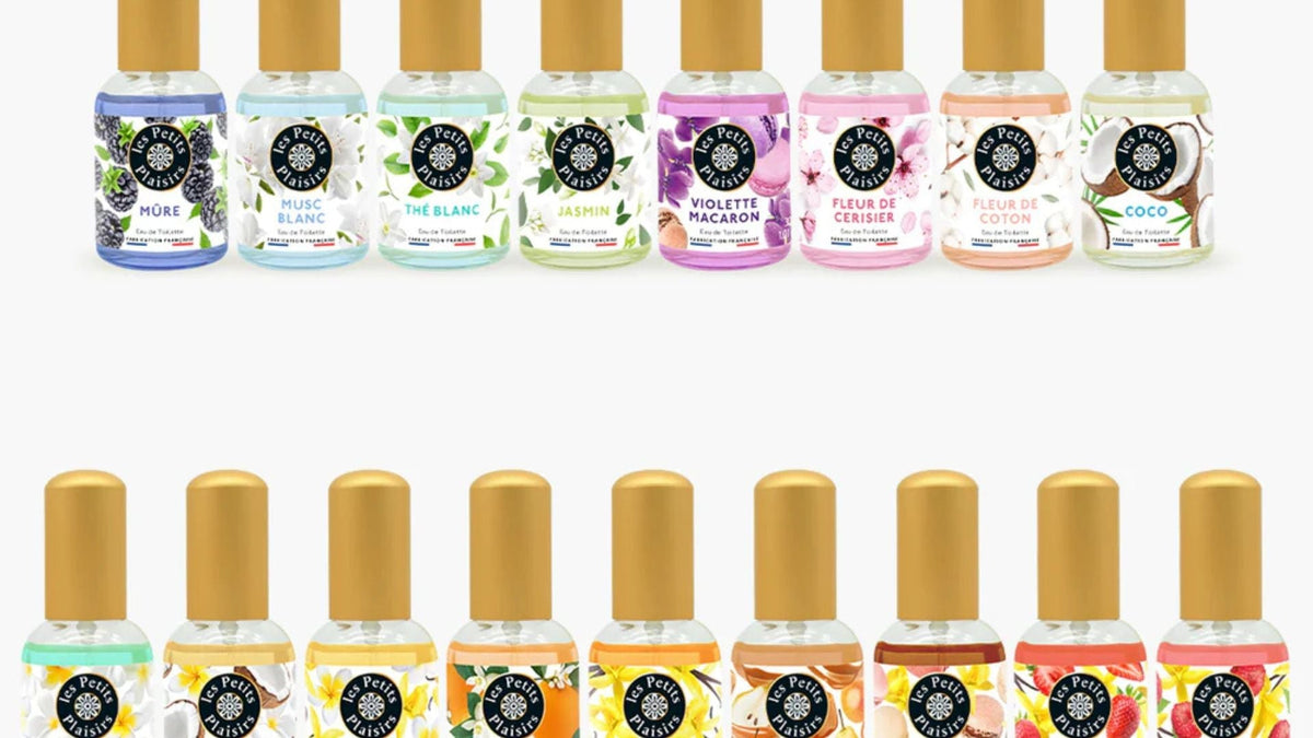 Gamme de parfums Les Petits Plaisirs avec des senteurs variées comme mûre, jasmin, fleur de coton ou coco, idéale pour tous les goûts