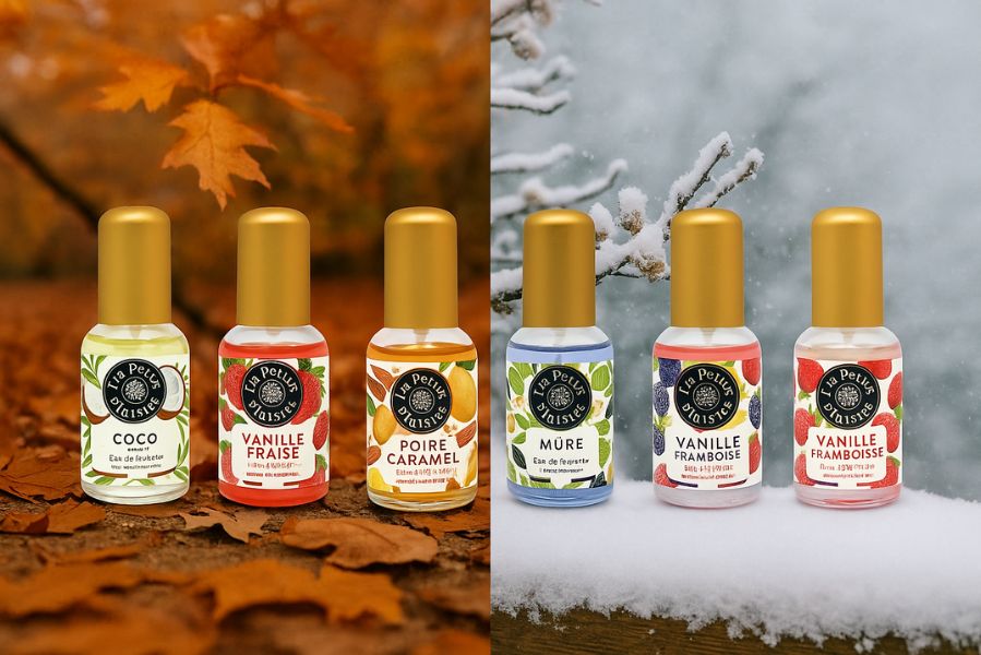Cinq eaux de toilette Les Petits Plaisirs aux senteurs coco, vanille fraise, poire caramel, mûre et vanille framboise, présentées dans un décor mi-automnal mi-hivernal